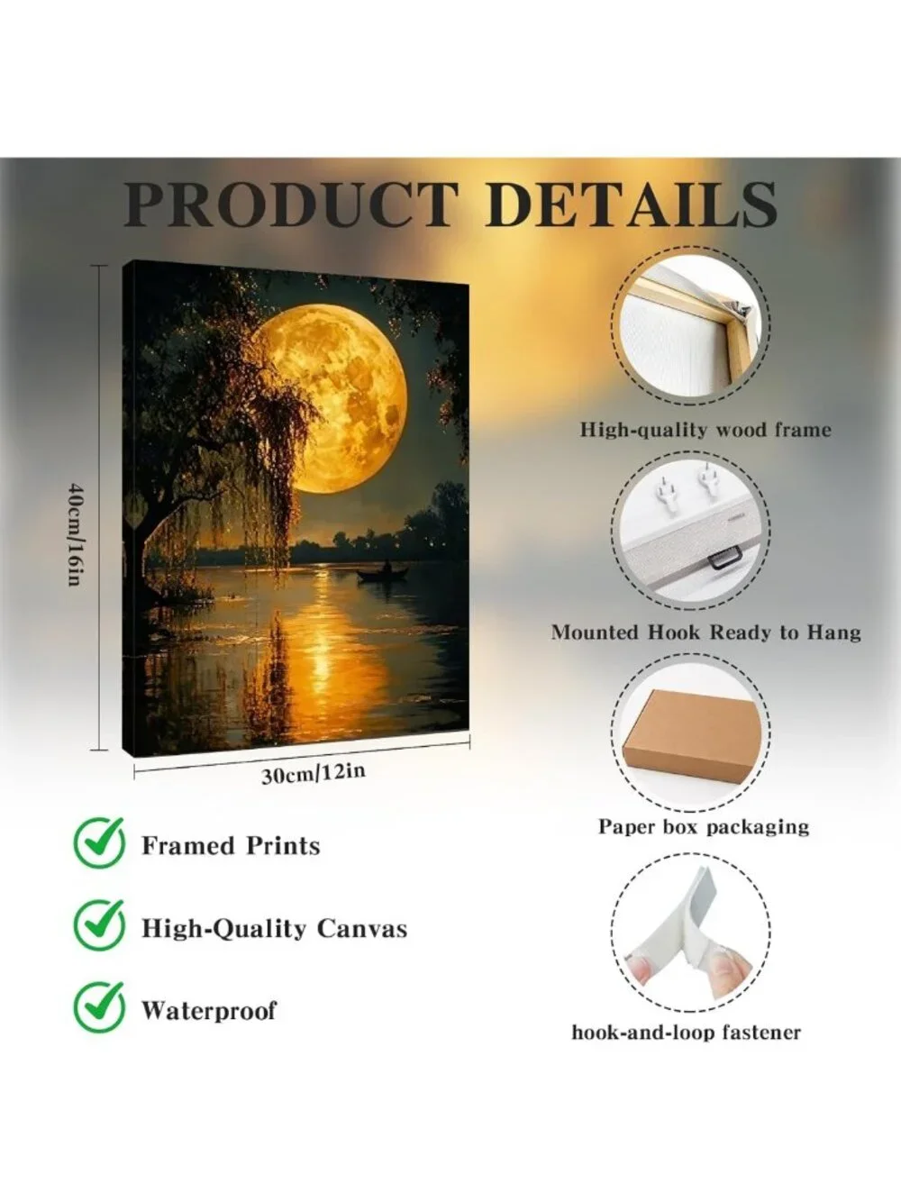 Framed Moon Lake Canvas Art | 16x20 Night Landscape Decor for Living Room